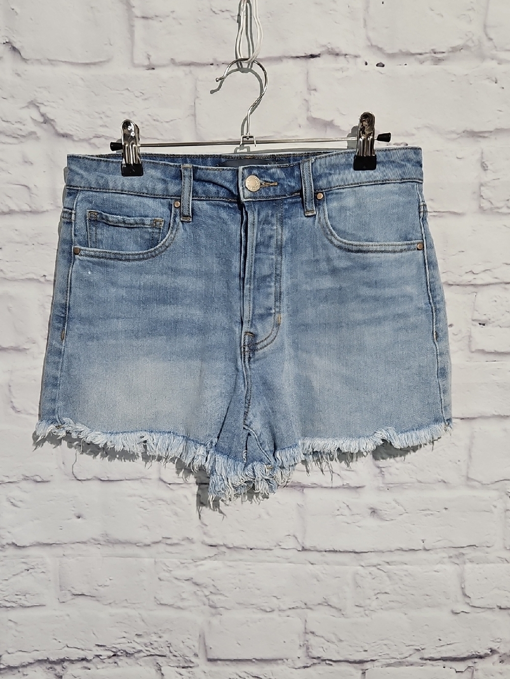 Frayed Hem Light Blue Button Fly Denim Shorts